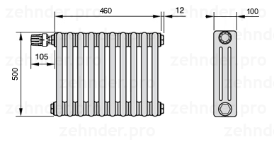 Схема (чертеж) Радиатор Zehnder Charleston 3050/10 №V011 Белый глянцевый RAL 9016